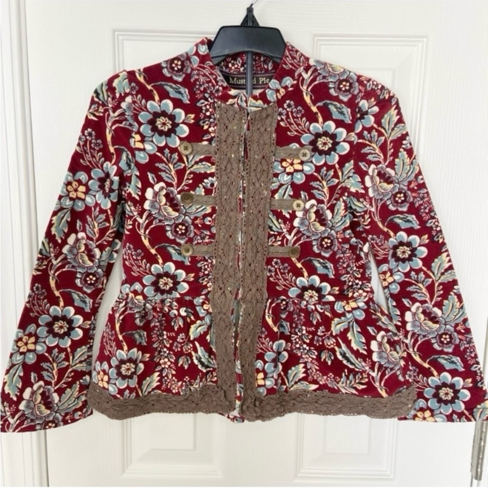Mustard Pie Girls Corduroy Jacket Maroon with Blue Floral Design Size 7